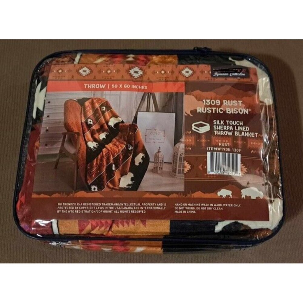 New Rust Rustic Bison Buffalo Sherpa Plush Throw Gift Blanket Native Art Orange - Picture 5 of 5